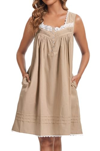 Image of AVIIER 100% Cotton Nightgowns for Women Sleeveless Night Gown with Pockets