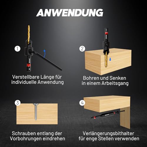 EZARC Senkbohrer Holz, 12 tlg Senker Bohrer Set für Holzbearbeitung, #4, #6, #8, #10, #12, Magnetischer Verlängerter Bithalter mit Aufbewahrungsbox