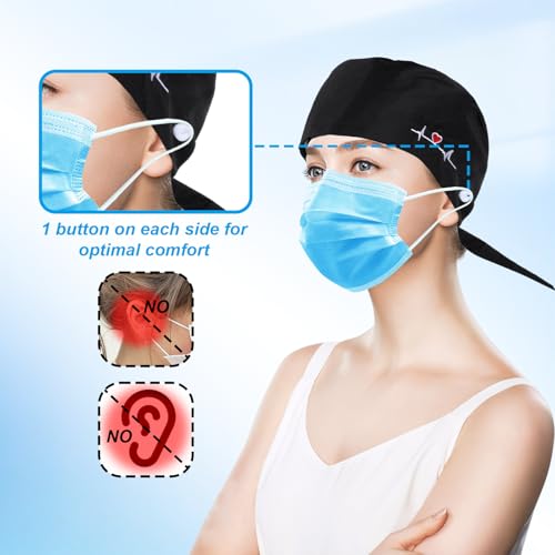 Image of Scrub Caps Women, Adjustable Working Caps with Button & Sweatband, Nurse Caps for Women, Bouffant Cap with Buttons for Women Men, 1Pcs Black