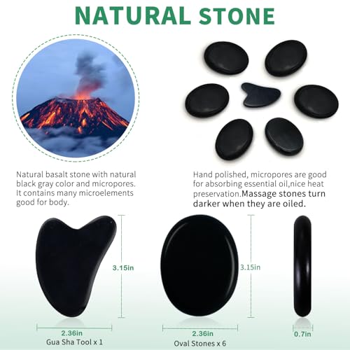 HDYAR 7 Pieces Hot Stones Massage Set - 6 Large Oval Massage Stones for Body Massage and 1 Heart-Shaped Basalt Stone Gua Sha Tool for Face Hot Rocks for Home Spa, Relaxing, Pain Relief