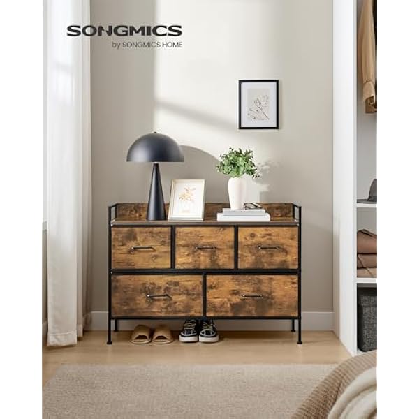 SONGMICS Комод, тумба, тумба для хранения, 5 тканевых ящиков с ручками, металлический каркас, современный стиль, цвет «рустик-бронза» и «чернила» LTS135B01