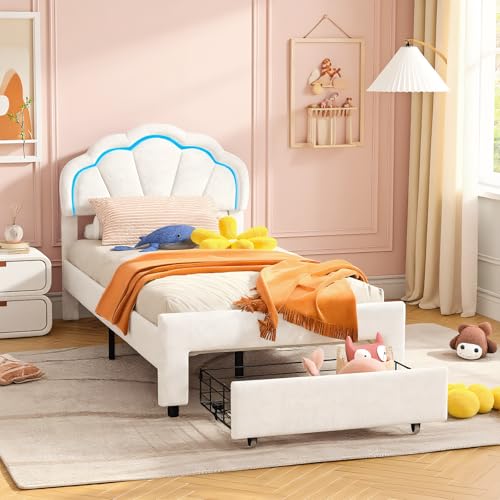 JiaOyu Einzelbett Kinderbett 90x200cm, Polsterbett mit LED-Beleuchtung & Schubladen, Prinzessinnenbett Mädchenbett mit Blumenkopfteil, Samtstoff, Weiß,Ohne Matratze(Beige-Blumen+LED)