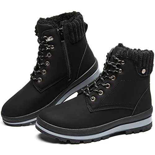 BABUDOG Womens Waterproof Ankle Boots for Outdoor (Non Slip Outsole),Fashion Combat Boots with Side Zipper,Warm Fur Lined Winter Snow Boots(Black.US7)