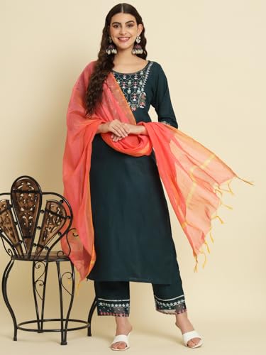 Image of VredeVogel Women's Cotton Blend Kurta Pant Set with Chanderi Silk Dupatta