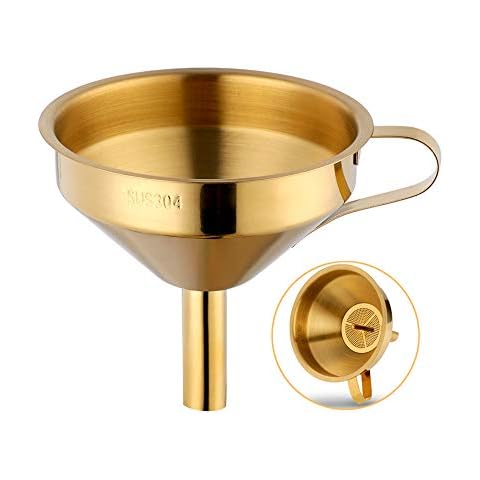 Stainless Steel Wide Mouth Funnels with Detachable Strainer, 5-inch Funnel for Filling Small Bottles and Jars, Cooking Oil and Transmission Liquid and Powder, Food Grade Metal Kitchen Funnels Gold Cover