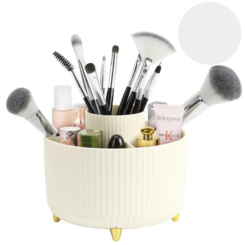 Top-spring 360° Rotating Makeup Organiser, Pen Holder for Desk, Spinning Makeup Brush Holder with Anti-slip Mat, Cute Pencil Make Up Desktop Storage 5 Slots for Office Stationery Cosmetics (Cream)
