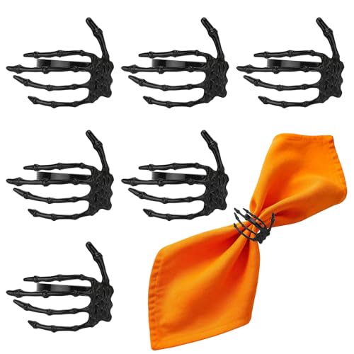 Lot de 6 ronds de serviette élégants noirs Main fantôme - Ronds de serviette métalliques pour mariage et Noël - Pour décoration de table, Saint-Valentin, Pâques, Halloween, fête