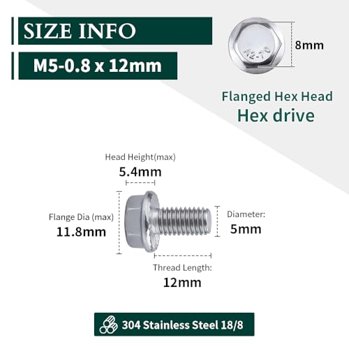 Image of M5-0.8 x 12mm Hex Flange Bolt (0.47 inch Thread Length), DIN6921, Serrated Locking Flange, 304 Stainless Steel, UNC Full Thread, 50-Pack