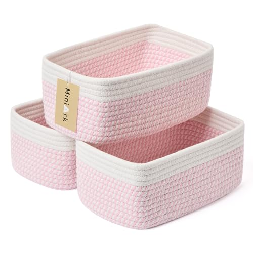 Small Storage Baskets for Organizing | Closet Organizer Bins | Shelf Toy Basket | Woven Rope Baskets | Cube Decorative Box | Shallow Basket | 11.5x7.5x4.7” | 3 Packs White Pink