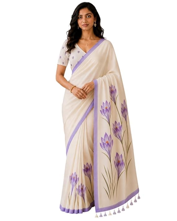 Image of Lilan Cotton Saree with White Daisy Floral Prints Tassel Pallu Lightweight Summer Saree