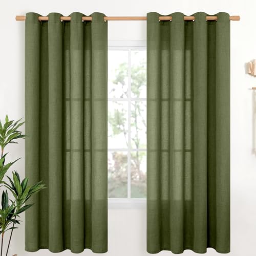 YoungsTex Olive Linen Curtains 72 Inch Length 2 Panels for Living Room, Dark Green Semi Sheer Drapes with Bronze Grommet Window Treatments Light Filtering for Bedroom Dining, 52 X 72 Inch