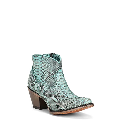 CORRAL LADIE'S TURQUOISE FULL PYTHON BOOTIE SIDE ZIP J TOE, LEATHER SOLE, URBAN A4323 - Main Image