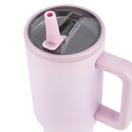 Image of House of Quirk 1200ML Tumbler with Handle & Simple Flip Straw - Car Cup Holder Friendly, Leak Resistant Stainless Steel Water Bottle with Rubber Base (Powder Pink)