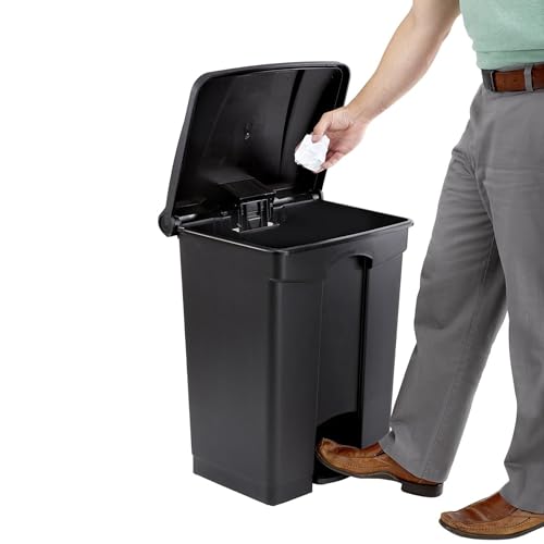 Image of Safco Step On Plastic Trash Can with Foot Pedal, 23 Gallon Garbage Can for Kitchen, Indoor or Outdoor Use, Hands Free, Black