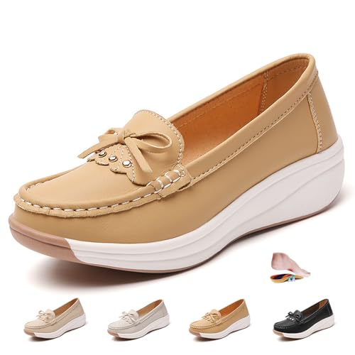 ZPLMIDE Mocasines ortopédicos de plataforma para mujer con cadena, zapatos ortopédicos para caminar para mujer, mocasines de plataforma sin cordones, mocasines clásicos, Caqui 2, 0 UK