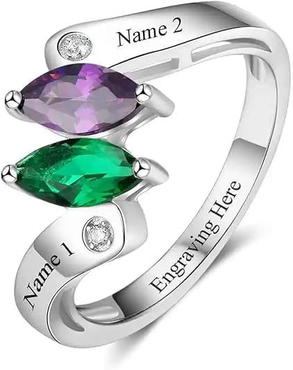 Customized and Personalized Two Birthstone Ring Name Engraved 925 Sterling Silver/10K/14K/18K Gold Engraved Ring For Mom Wife Women