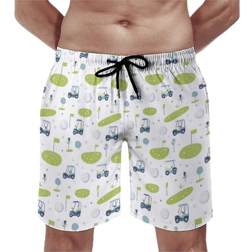Hawaiian Shorts for Men - Comfy Cartoon Golf Cart Print Mens Swim Trunks Bathing Suits with Mesh Lining