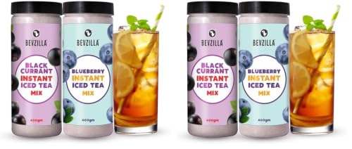 Image of Bevzilla Black Currant & Blueberry Instant Ice Tea Powder Combo - 400g Each Jar | Refreshing Summer Iced Tea Drink | Instant & Easy to Make (Pack of 2)