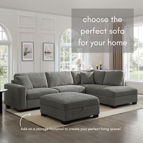 Home Detail Large Corner Sofa, Left or Right Hand Corner Sofa, Couch in Upholstered Teddy Jumbo Cord or Chenille Fabric, L Shaped Sofas with Optional Footstool (Grey Chenille, Right Hand Facing) - Image 3