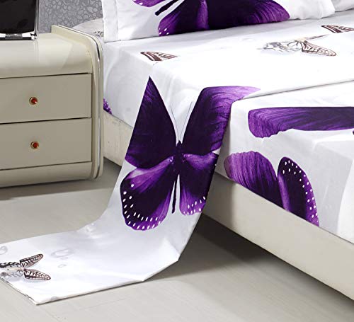Hig 3D Bed Sheet Set - 4 Piece 3D Purple Butterfly Reactive Printed Sheet Set Queen Size (Y34) - Soft, Breathable, Fade Resistant - Includes 1 Flat Sheet,1 Fitted Sheet,2 Shams #TOP3