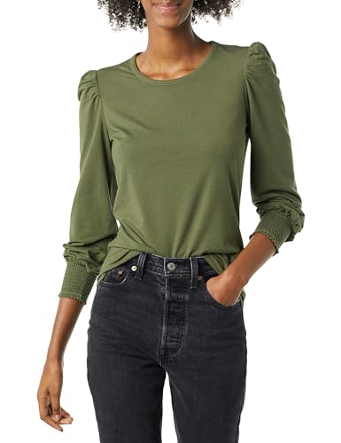 Amazon Essentials Women's Long-Sleeve Crewneck Smocked Cuff T-Shirt, Olive, M