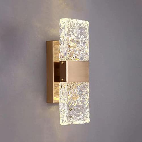 Aplique de pared LED Aplique de pared de vidrio moderno Lámpara montada en la pared de metal dorado, accesorio de iluminación de montaje en pared con modo de 3 colores con vidrio martillado, luces de