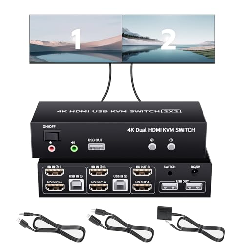Bolaazul KVM Switch 2x2 HDMI USB 2.0 - 2 Puertos 4K @ 60Hz, Conmutador Para 2 PC y 2 Monitores, Teclado y Ratón
