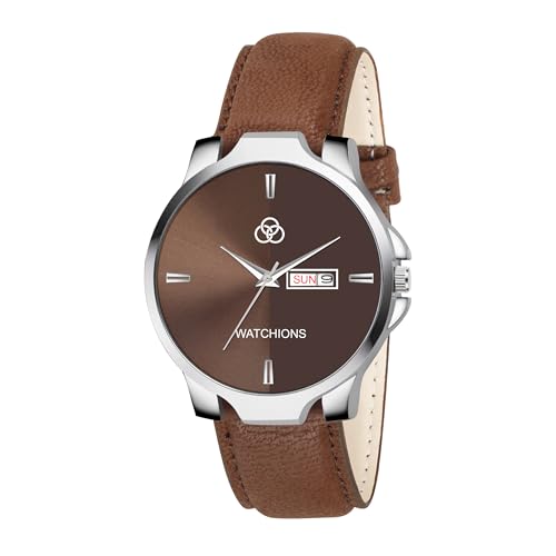WATCHIONS Men’s Premium Leather Strap Analog Watch with Day & Date Function | Classic Silver Dial Wrist Watch for Formal & Casual Wear