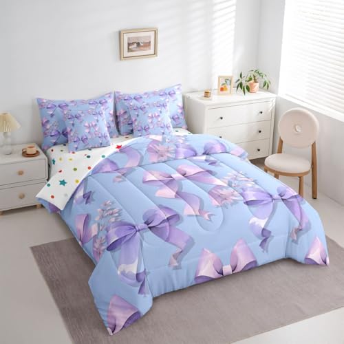 Image of Purple Bow Full Size Bed Sheets and Comforter Set | Cute Bowknot 7-Piece Bedding Set Dreamy Princess Style Ribbon Bow Tie Bed in a Bag, Girly Floral Bed Sets,Kawaii Room Decor Aesthetic
