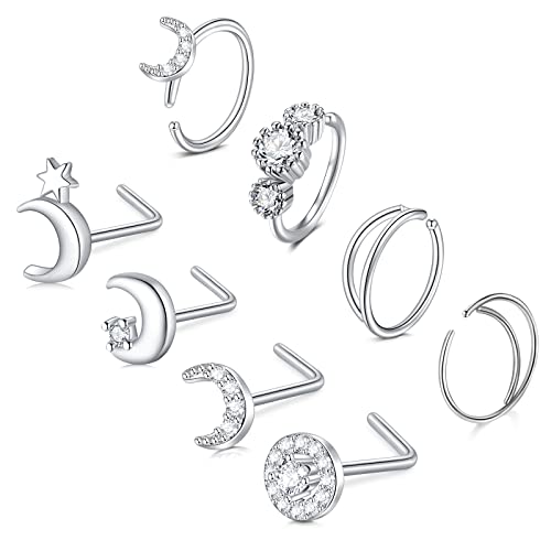 MODRSA Nasenpiercing für Damen Chirurgenstahl L Form Nasenstecker Mond Piercing Nasen Steck Nostril Piercing Nose Stud Silber Cover