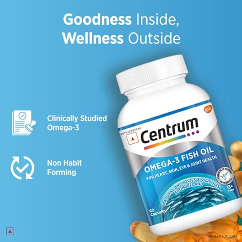 Image of Centrum Omega 3 Fish Oil Capsules 1000mg Supplements | Omega 3 with 180mg EPA, 120mg DHA for Hair and Skin Health, Joint Health, Brain Health | No Fishy Aftertaste - 60 Capsules