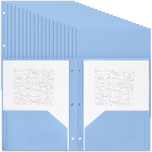 Yeaqee 100 Pcs Plastic Folders with Pockets Bulk 3 Hole Punched 2 Pocket File Folders for 3 Ring Binder Divider Folder for Notebooks, Durable Poly for Office Home (Haze Blue)