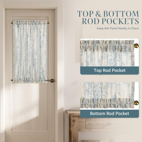 Image of jinchan Alice Floral French Door Curtain Farmhouse Linen for Sliding Glass Door 40 Inches 1 Panel with Tieback Light Filtering Curtain for Window Patio Rod Pocket Blue on Linen