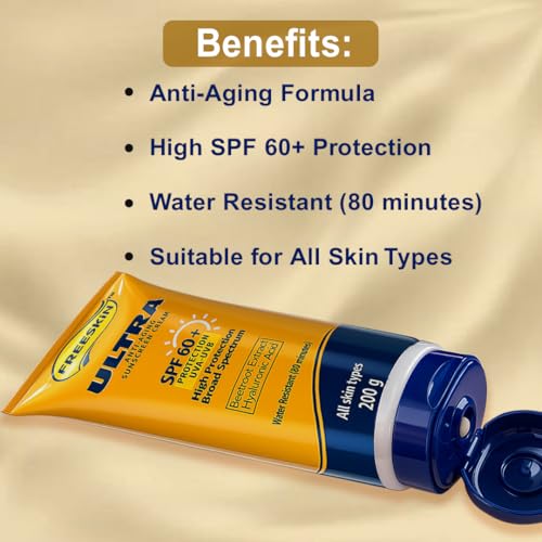 Image of Freeskin Ultra Anti-Aging Sunscreen Cream SPF 60+ | Broad Spectrum UVA /UVB High Protection | Enriched with Beetroot Extract & Hyaluronic Acid | Suitable for All Skin Types - 200g