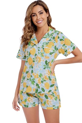 Image of LUBOT 100% Cotton Pajamas for Women 2 Piece PJ Set Button-Down Soft Knit Short Sleeve Summer Sleepwear Loungewear XS-XXL