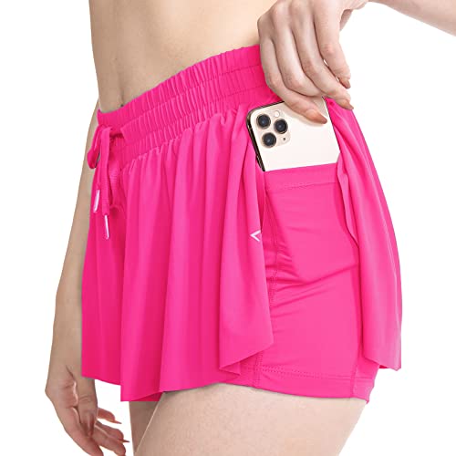 American Trends Women's High Waist Workout Running Gym Shorts Spandex Quick Dry Lounge Sweat Sports Shorts with Lined Pockets for Women Rose Red S