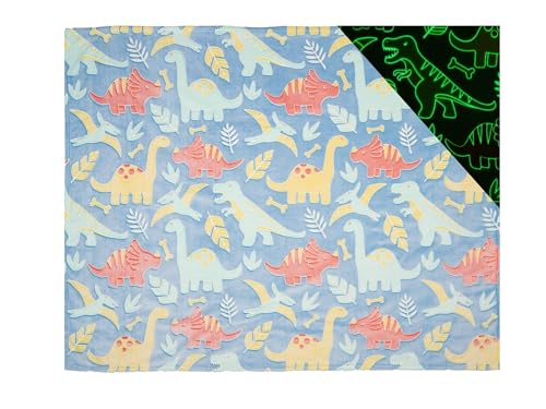 Maxenna Creations Glow in The Dark Blanket, Blue Kid's Throw, Dinosaur Pattern, Fun Gift for Girls and Boys, Unique Birthday Presents, All Season Blanket, Fleece, Travel, 50
