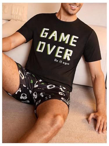 Image of Verdusa Men's Pajamas Set 2 Piece Pjs Sets Short Sleeve Letter Print Tee and Short Lounge Set
