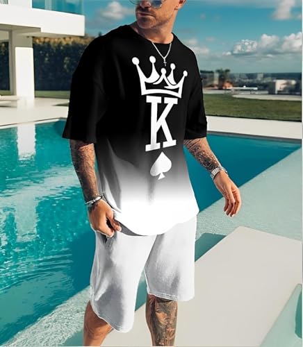 Men's Short Sets 2 Piece Summer Outfits Tracksuits Short Sleeve Shirt and Shorts Vacation Outfits 3D Poker Shirt2
