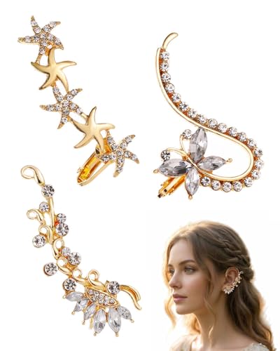TOZBLEU 3Pcs Clip d'oreille en cristal Boucle d'oreille Zircon cubique Strass Fleur Oreille Grimpeur Crawler Boucle d'oreille Sparkly CZ Cluster Ear Cuff Wrap...