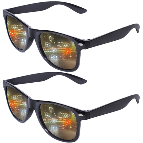 Trendy Square Sunglasses Women Men 2 Pack- Heart Effect Diffraction Rave Glasses Retro Rectangle UV400 Protection