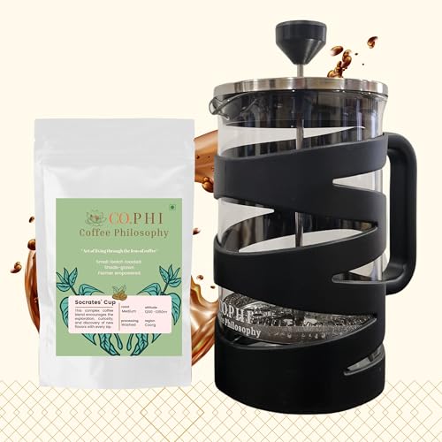 Image of CO.PHI French Press Coffee Maker, 800ml German Borosilicate Glass Carafe, Stainless Steel Filter, Ergonomic Handle, Black Spiral Design with 100 gms Socrates' Cup Ground Coffee