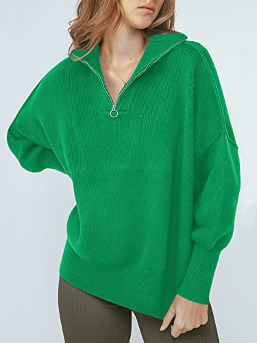 Image of ANRABESS Womens Oversized Quarter Zip Pullover Sweaters | Fall Fashion Outfits, Long Sleeve Slit Side, Baggy Loose Fit, 1 /4 Zip Lapel Collared, Ribbed Knit Soft Warm Winter Clothing