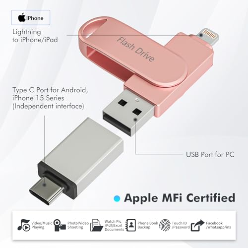 Apple MFi Certified 512GB Photo Stick, Flash Drive for iPhone Memory Stick for Photo/Video Backup Stick, High-Speed USB Stick iPhone Storage Drive Compatible for iPhone/iPad/Android/PC (Pink) by Kcsbaui - Image 2