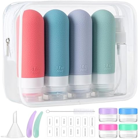 16pack Travel Bottles for Toiletries, TSA Approved LeakProof Squeezable Silicone Toiletry Containers for Shampoo, Conditioner, 3oz Portable Refillable Travel Size Liquid Containers (16Pcs/Warm Color） Cover