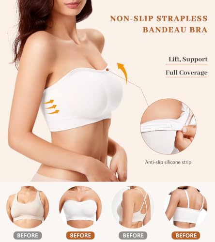 ciksob Strapless Bras for Women Seamless Padded Bandeau Bra Non-Slip Wireless Push Up Invisible Silicone Tube Top Bralette (X-Large, White) - image 3