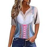 Generisch Oktoberfest Damen Outfit Mit Bierfest Aufdruck V Ausschnitt Knopfdesign und Lockerem Schnitt Mit DreivierteläRmel Tshirt