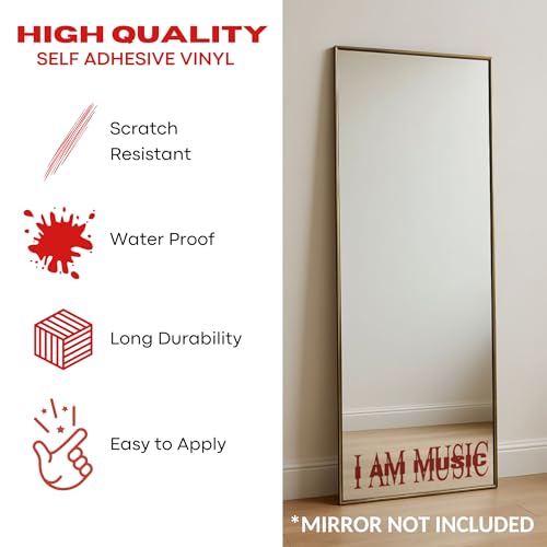 Image of Sticker for Glass & Mirrors| Minimal Vinyl Decal for Bedroom Bathroom & Cafe | Self-Adhesive Waterproof Quote Mirror Sticker | Aesthetic Decals (I Am Music, Medium, Transparent Red)