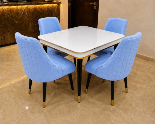 Image of WOODEN SPACE 4 Seater Wooden Dining Table Set | Urban Marble Top Dining Table with Chairs for Dining Room & Kitchen (Modern Infinity Backline Sky Blue) (42 x 42 x 30 inch)