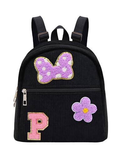 2 3 4 5 6 Year Old Girl Gifts Chenille Initial Mouse Bow Mini Backpack, Corduroy Toddler Backpacks Christmas Birthday Gifts for Girls 2-4 5-6, Black Mini Diaper Bag Must Haves for Park Travel Letter P